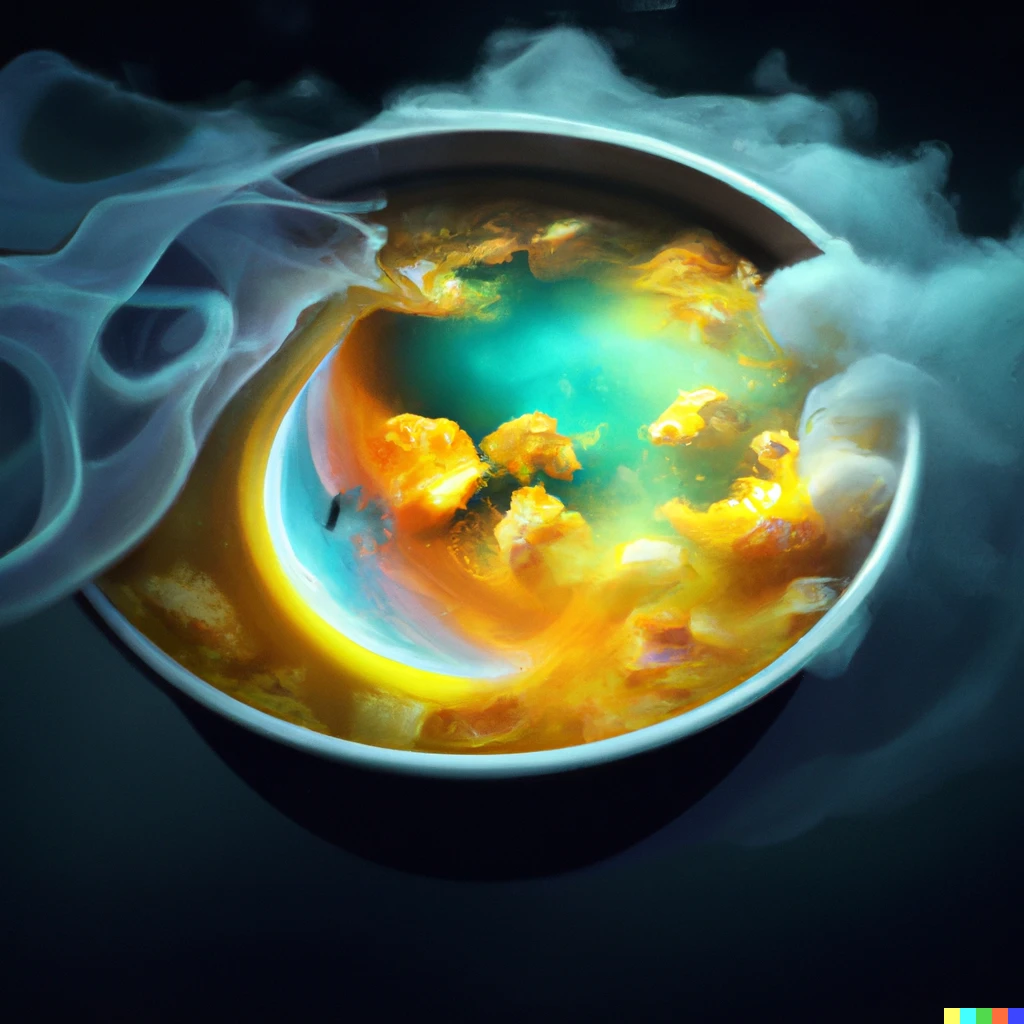 A bowl of soup that is also a portal to another dimension, digital art